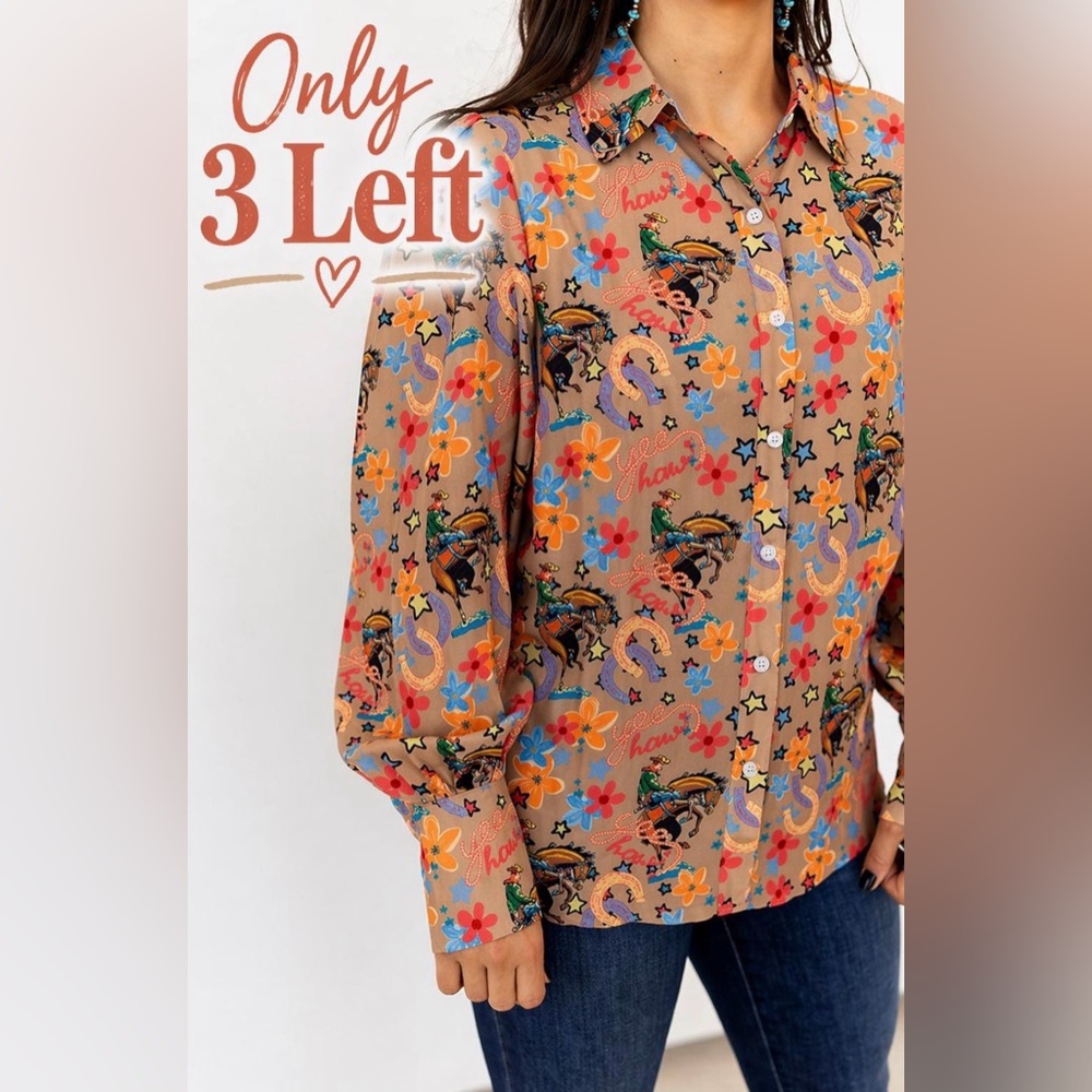 Western Rodeo Women’s Western Button-Up Top | Bronc & Floral Print Blouse